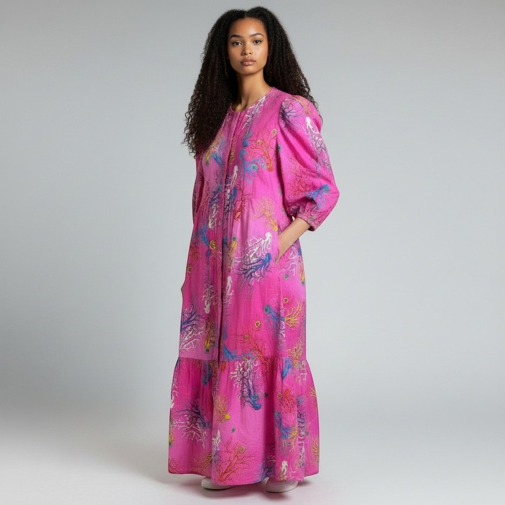 CYNTHIA ROWLEY Pink Coral Reef Print Cotton Tiered Maxi Dress Small Beach Summer